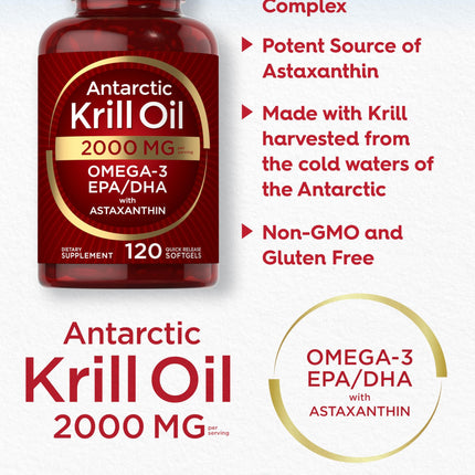 Carlyle Antarctic Krill Oil 2000 mg | 120 Softgels | Omega-3 EPA/DHA + Astaxanthin | Lab Tested
