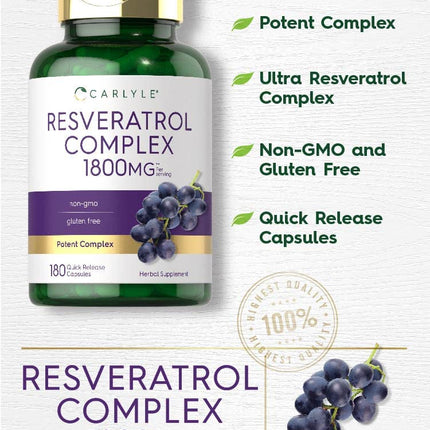 Carlyle Resveratrol 1800mg Supplement – 180 Capsules, Non-GMO & Gluten Free | Pack of 2