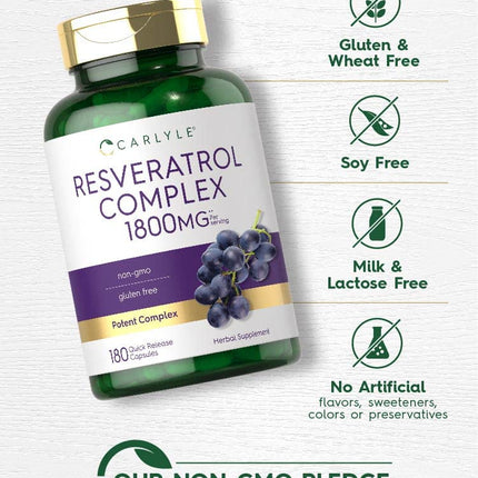 Carlyle Resveratrol 1800mg Supplement – 180 Capsules, Non-GMO & Gluten Free | Pack of 2