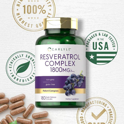 Carlyle Resveratrol 1800mg Supplement – 180 Capsules, Non-GMO & Gluten Free | Pack of 2