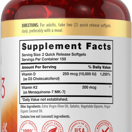 Vitamin K2 + D3 Supplement for Bone Health - Carlyle 300 Softgels | 200 mcg K2 MK-7 & 10,000 IU D3 | Non-GMO, Gluten Free (Pack of 2)