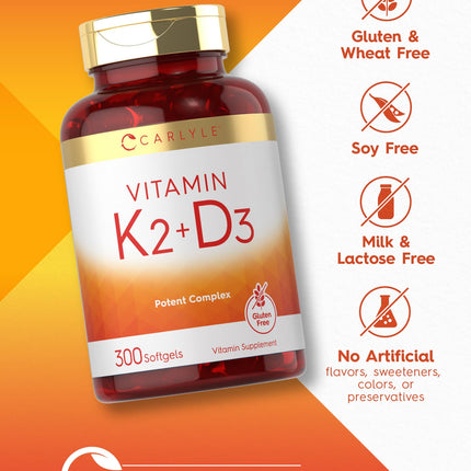 Vitamin K2 + D3 Supplement for Bone Health - Carlyle 300 Softgels | 200 mcg K2 MK-7 & 10,000 IU D3 | Non-GMO, Gluten Free (Pack of 2)