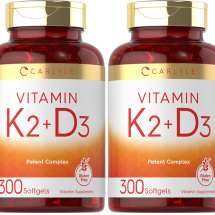 Vitamin K2 + D3 Supplement for Bone Health - Carlyle 300 Softgels | 200 mcg K2 MK-7 & 10,000 IU D3 | Non-GMO, Gluten Free (Pack of 2)