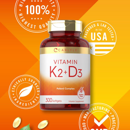 Vitamin K2 + D3 Supplement for Bone Health - Carlyle 300 Softgels | 200 mcg K2 MK-7 & 10,000 IU D3 | Non-GMO, Gluten Free (Pack of 2)