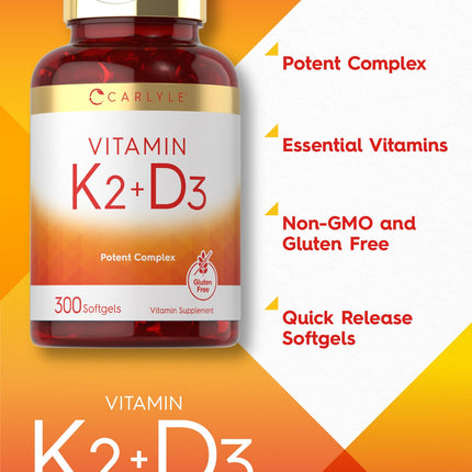 Vitamin K2 + D3 Supplement for Bone Health - Carlyle 300 Softgels | 200 mcg K2 MK-7 & 10,000 IU D3 | Non-GMO, Gluten Free (Pack of 2)