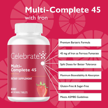 Celebrate Vitamins Multi-Complete Chewables – 45mg Iron | Bariatric Multivitamin for Sleeve Gastrectomy & Gastric Bypass (Berry, 60 Tablets)
