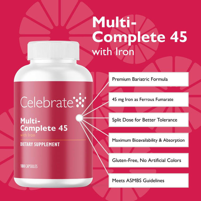 Celebrate Vitamins Multi-Complete 45mg Iron – Bariatric Multivitamin (180 Capsules)