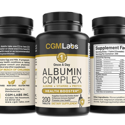 CGMLABS Once A Day Albumin Complex - Egg White Albumin, Whey, Royal Jelly | 200 Tablets