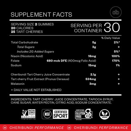 Cheribundi Tart Cherry Gummies Sleep – 25 Cherries, 3 mg Melatonin | 60 Count | Vegan, Gluten-Free, Non-GMO