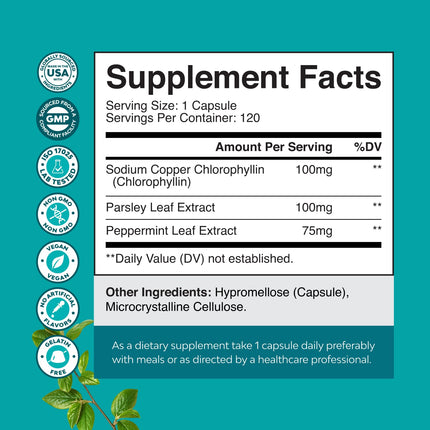 Chlorophyll Detox Capsules for Body Odor – Mint & Parsley (Vegan, Non-GMO, Gluten Free) 120ct