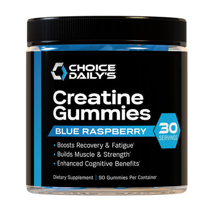 CHOICE DAILY’S Creatine Gummies - 90 Vegan Friendly Chews (Blue Raspberry) - USA Made - Muscle, Recovery & Cognitive Support