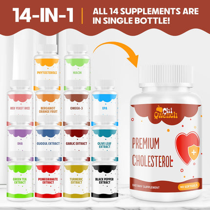 Cholesterol Supplements with Plant Sterols, Niacin, Red Yeast Rice & Citrus Bergamot - 180 Softgels