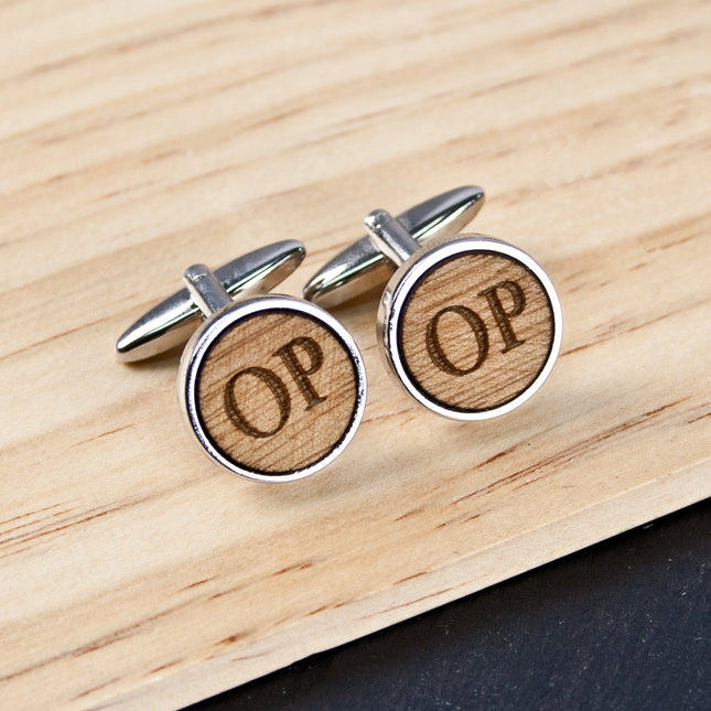 Monogramed Round Wooden Cufflinks
