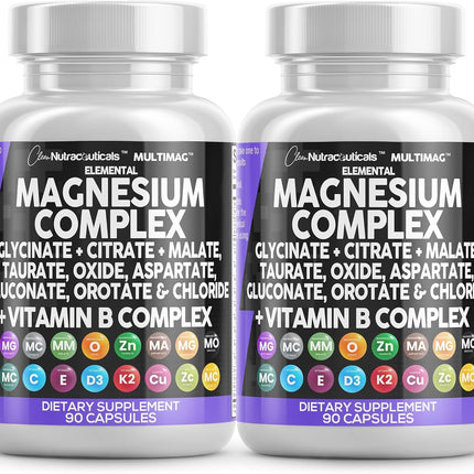 Clean Nutraceuticals MultiMag Magnesium Complex - 9 Magnesium Forms + B Vitamins (180 Capsules, Pack of 2)