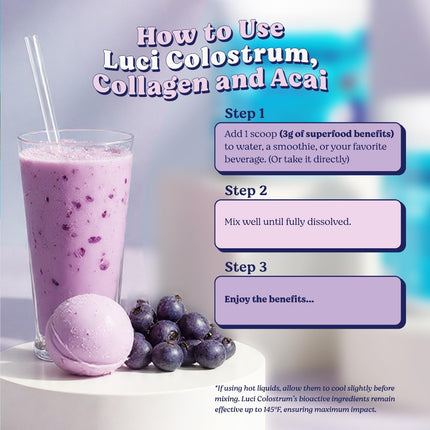 LUCI Colostrum, Collagen & Acai Powder | Gut Health, Immunity, Skin