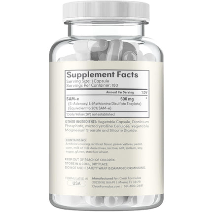Clear Formulas SAM-e 500mg - High Strength Bioactive SAM-e for Liver & Mood Support