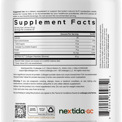 Codeage GLP-1 Collagen Powder – Nextida GC, Hydrolyzed Type I & III, Grass-Fed, Unflavored – 10.58 oz