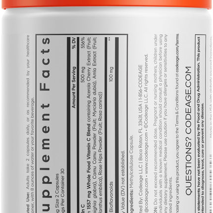 Codeage Whole Food Vitamin C Supplement — Acerola, Camu Camu, Amla & Rose Hips, 500mg, 60 Capsules