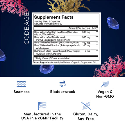 Codeage Raw Wildcrafted Irish Sea Moss + Spirulina, Bladderwrack, Burdock – 120 Capsules