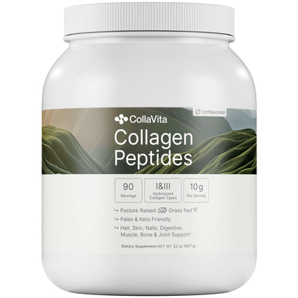 Colla Vita Collagen Peptides Powder - Grass-Fed, Pasture-Raised, Hydrolyzed Type I and III - Unflavored, 32 oz, 90 Servings