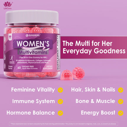 Womens Multivitamin Gummy with Iron, Biotin 2500mcg – Collagen & Keratin, Sugar Free, 60 Count