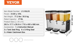 VEVOR 10L 12L 18L Commercial Beverage Dispenser Stainless Steel Ice Juice Tea Drink Machine with Cooling Function for Bar Party