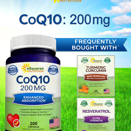 aSquared Nutrition CoQ10 (200 Capsules, 200mg) – High-Absorption Vegan CoQ10 (Ubiquinone) Supplement