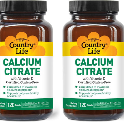 Country Life Calcium Citrate with Vitamin D 500mg – Highly Absorbable, Gluten Free, Vegan, Halal, Non-GMO – 2 x 120 Tablets