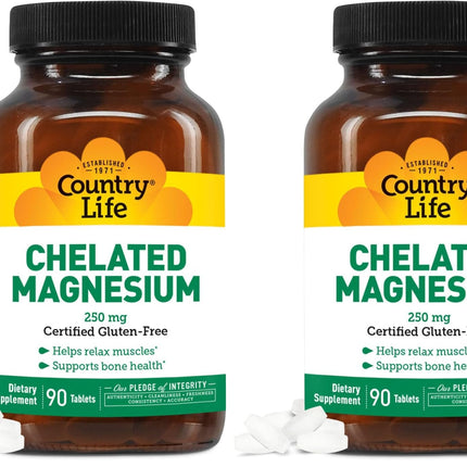 Country Life Chelated Magnesium 250mg – Supports Bone & Immune Health | 90 ct Pack of 2