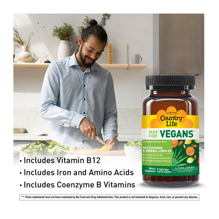 Country Life Max for Vegans - 120 Vegan Capsules - Daily Multivitamins - Immune Support Supplement - Gluten-Free