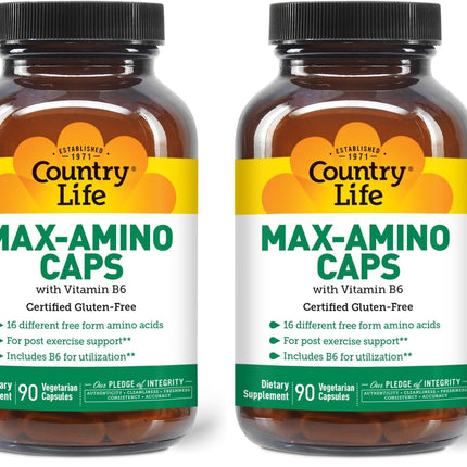 Country Life Maxi-Amino: 16 Free-Form Amino Acids, 90 Veg Capsules per Bottle, Pack of 2 | Gluten Free & Vegetarian