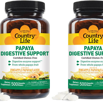 Country Life Chewable Papaya Enzymes for Digestion – Pineapple & Papaya Flavor | 200 & 500 Wafers