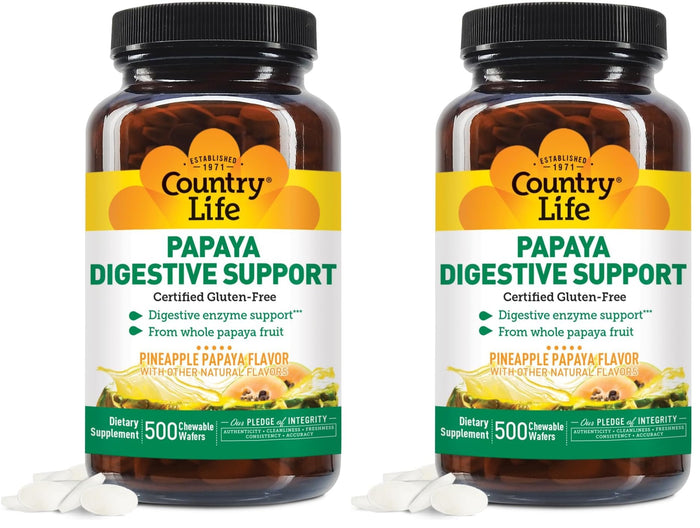 Country Life Chewable Papaya Enzymes for Digestion – Pineapple & Papaya Flavor | 200 & 500 Wafers