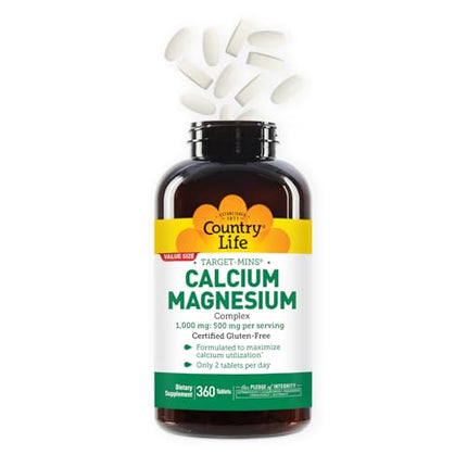 Country Life Target-Mins Calcium Magnesium – 1000mg Ca / 500mg Mg, 2:1, Gluten Free