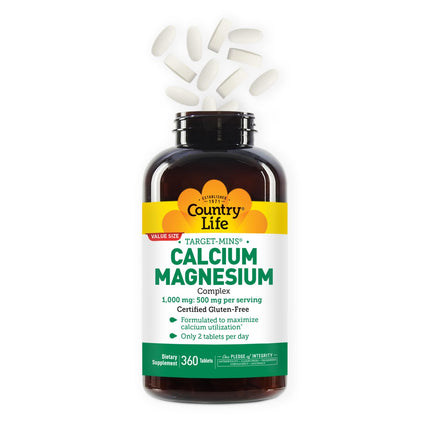 Country Life Target-Mins Calcium Magnesium – 1000mg Ca / 500mg Mg, 2:1, Gluten Free