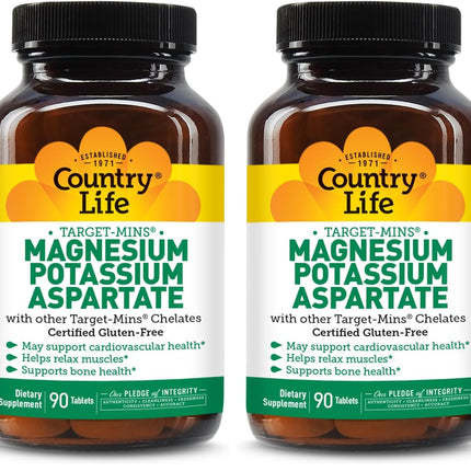 Country Life Target-Mins Magnesium Potassium Aspartate 600mg/198mg – 90 Tablets – Gluten Free & Vegan (Pack of 2)