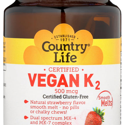 Country Life Vegan Vitamin K2 500 mcg - MK-4 & MK-7, 60 Chewables, Strawberry Flavor