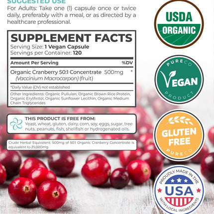 Organic Cranberry Extract Capsules — 50X Potency Cranberry Pills (4 Month Supply) — Vegan, Non-GMO, USDA Organic