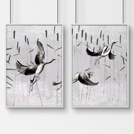 Cranes Japanese Art for home office | Set of 2 wall art prints