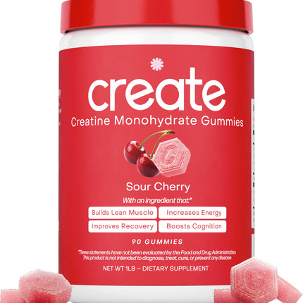Create Creatine Monohydrate Gummies – 1.5g Per Gummy, Sour Cherry, Vegan, Gluten‑Free