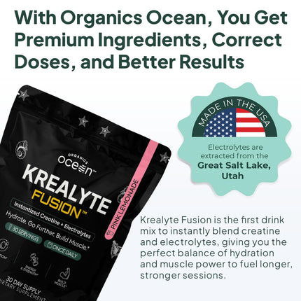 Organics Ocean Krealyte Fusion: Instantized Creatine Monohydrate + Electrolytes, Pink Lemonade, 30 Servings