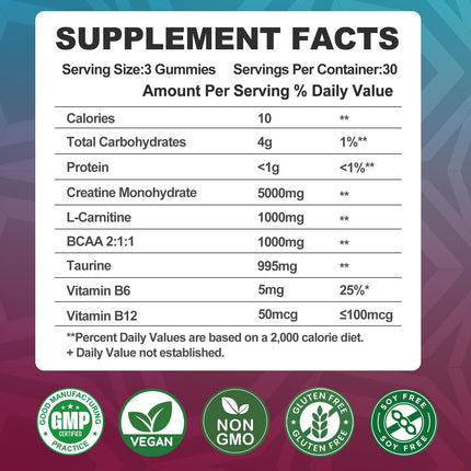 Creatine Monohydrate Gummies 8000mg with BCAA, L-Carnitine, Taurine & Vitamin B12 – Pre-Workout Supplement for Muscle Growth, 180 Count (Men & Women)
