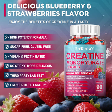 Creatine Monohydrate Gummies 8000mg with BCAA, L-Carnitine, Taurine & Vitamin B12 – Pre-Workout Supplement for Muscle Growth, 180 Count (Men & Women)