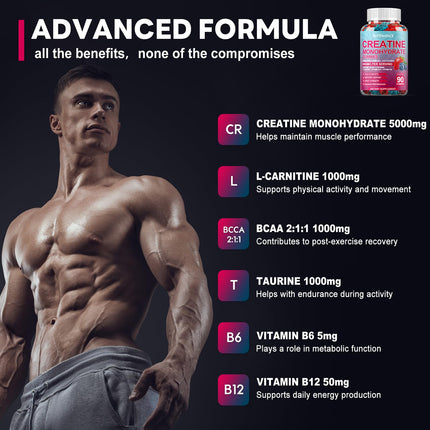 Creatine Monohydrate Gummies 8000mg with BCAA, L-Carnitine, Taurine & Vitamin B12 – Pre-Workout Supplement for Muscle Growth, 180 Count (Men & Women)