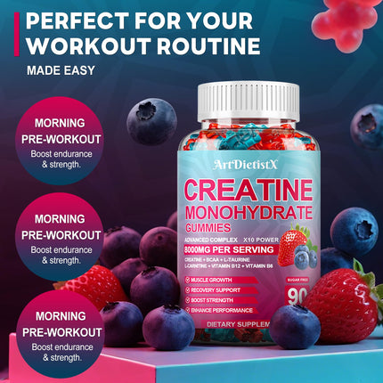 Creatine Monohydrate Gummies 8000mg with BCAA, L-Carnitine, Taurine & Vitamin B12 – Pre-Workout Supplement for Muscle Growth, 180 Count (Men & Women)