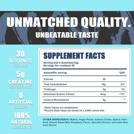 Creatine Monohydrate Gummies 5g - Vegan, Halal, Sugar-Free | Blue Raspberry