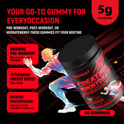 Creatine Monohydrate Gummies 5g for Men & Women - Boost Focus,Strength, and Endurance, Anti-Melting Formula, Vegan, Gluten-Free, Non-GMO, 2.5 Gram Creatine per Gummy (Strawberry 90 ct)