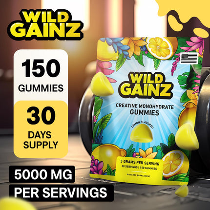 Creatine Monohydrate Gummies 5000mg – Made in USA, Vegan, Lemon | Muscle Growth & Focus