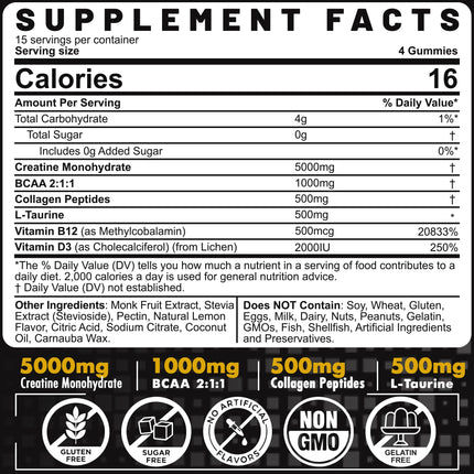 Creatine Monohydrate Gummies 5g per Serving - Sugar Free, Lemon Flavor | BCAA, Collagen, B12, D3 | 2 Pack