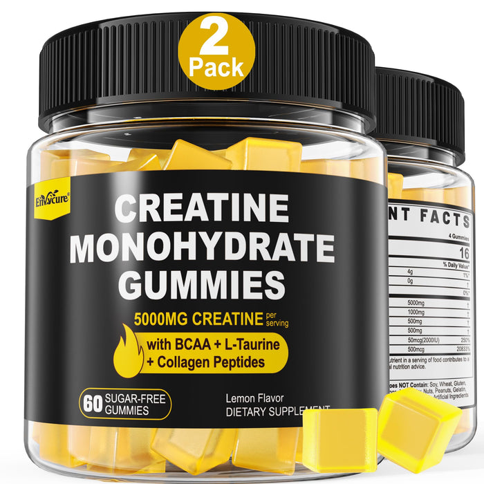 Creatine Monohydrate Gummies 5g per Serving - Sugar Free, Lemon Flavor | BCAA, Collagen, B12, D3 | 2 Pack